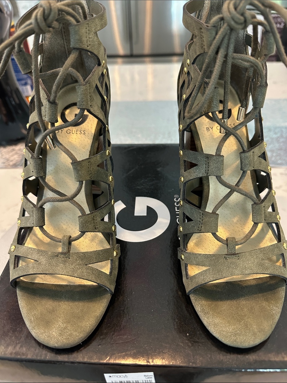 GUESS Olive Green Suede Lace-Up Cutout Heels